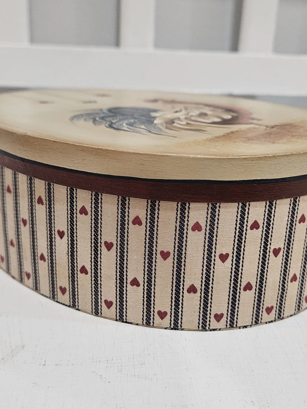 Vintage Handpainted Rooster Cloth Wrapped Storage Box, Signed Mary Deming